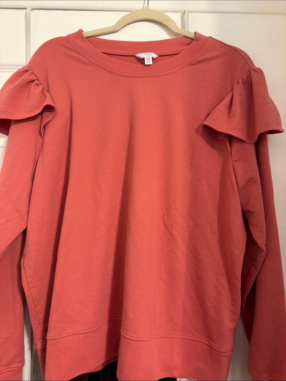 Time and Tru Coral Ruffle-Shoulder Sweatshirt PtP 24 L 25